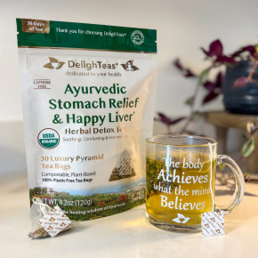 DelighTeas, Ayurvedic Stomach Relief & Happy Liver, травяной чай для выведения токсинов, без кофеина, 30 роскошных чайных пакетиков Pyramid, 120 г (4,2 унции) в Москве - eco-herb.ru | фото