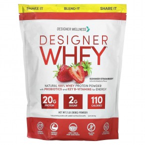 Designer Wellness, Designer Whey, натуральный 100% сывороточный протеин, со вкусом летней клубники, 908 г - описание