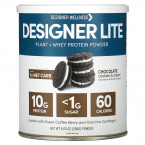 Designer Wellness, Lite Protein, низкокалорийный натуральный протеин, шоколадное печенье со сливками, 9,03 унц. (256 г) - описание | фото