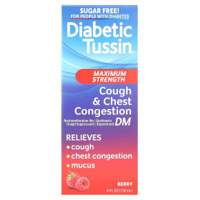 Diabetic Tussin, Cough & Chest Congestion, средство от кашля и заложенности носа, максимальная сила действия, ягодный вкус, 118 мл (4 жидк. унции) - описание | фото