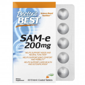 Doctor's Best, SAM-e, 200 мг, 60 таблеток, покрытых кишечнорастворимой оболочкой - описание