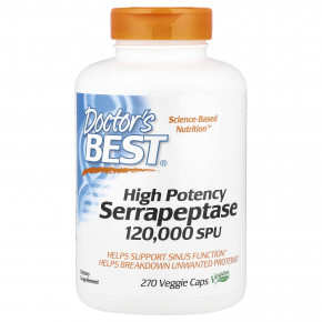 Doctor's Best, высокоэффективная серрапептаза, 120 000 SPU, 270 растительных капсул - описание | фото