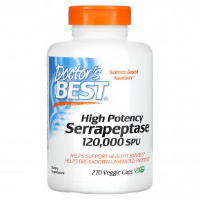 Doctor's Best, высокоэффективная серрапептаза, 120 000 SPU, 270 вегетарианских капсул - описание | фото