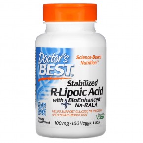 Doctor's Best, стабилизированная R-липоевая кислота с BioEnhanced Na-RALA, 100 мг, 180 вегетарианских капсул - описание