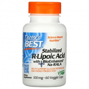Doctor's Best, стабилизированная R-липоевая кислота с BioEnhanced Na-RALA, 100 мг, 60 растительных капсул - описание