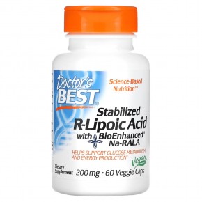 Doctor's Best, стабилизированная R-липоевая кислота с BioEnhanced Na-RALA, 200 мг, 60 вегетарианских капсул - описание