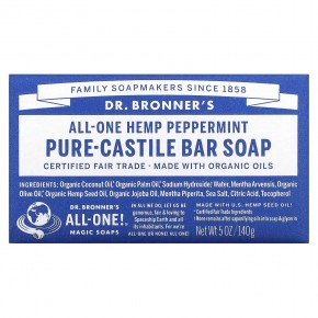 Dr. Bronner's, Pure Castile Bar Soap, All-One Hemp, Peppermint, 5 oz (140 g) - описание