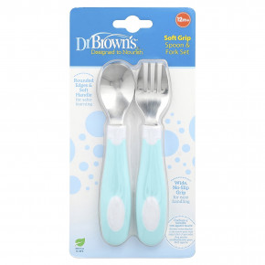 Dr. Brown's, Набор ложек и вилок с мягкой ручкой, для детей старше 12 месяцев, бирюзовый, набор из 2 предметов - описание | фото