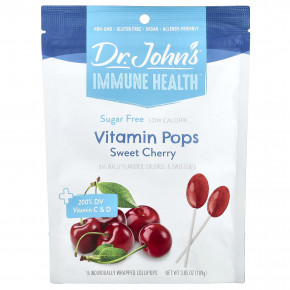 Dr. John's Healthy Sweets, Immune Health, леденцы со вкусом леденцов, + 200% суточной нормы витаминов C и D, черешня, без сахара, 14 леденцов на палочке в индивидуальной упаковке, 109 г (3,85 унции) в Москве - eco-herb.ru | фото