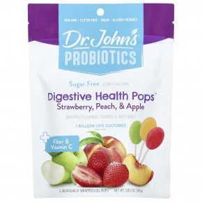 Dr. John's Healthy Sweets, Probiotics, Digestive Health Pops ™, + клетчатка и витамин C, клубника, персик и яблоко, 14 леденцов на палочке в индивидуальной упаковке, 109 г (3,85 унции) - описание | фото