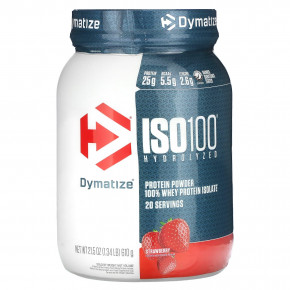 Dymatize, ISO100®, гидролизованный, 100% изолят сывороточного протеина, со вкусом клубники, 610 г (1,34 фунта) - описание | фото