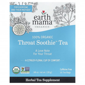 Earth Mama, Organics, 100% органический чай Throat Soothie™, без кофеина, 16 чайных пакетиков, 28 г (0,98 унции) в Москве - eco-herb.ru | фото