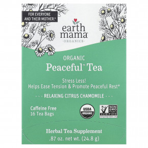 Earth Mama, Organics, Organic Peaceful™ Tea, расслабляющий чай с цитрусовыми и ромашкой, без кофеина, 16 чайных пакетиков, 24,8 г (0,87 унции) - описание