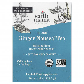 Earth Mama, Organics, органический чай Nausea™ с имбирем, успокаивающий мятный чай, без кофеина, 16 чайных пакетиков, 27,2 г (0,96 унции) - описание | фото
