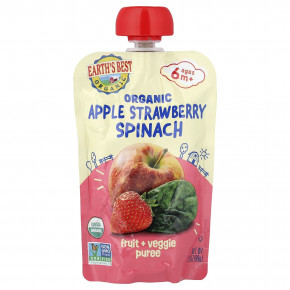 Earth's Best, Органические фрукты и овощное пюре, от 6 месяцев, яблоко, клубника и шпинат, 99 г (3,5 унции) - описание