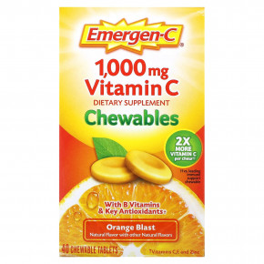 Emergen-C, жевательные таблетки с витамином C, со вкусом апельсина, 1000 мг, 40 жевательных таблеток (500 мг в 1 таблетке) - описание | фото