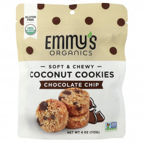 Emmy's Organic Cookies, мягкое жевательное печенье с кокосом, шоколадная крошка, 113 г (4 унции) - описание