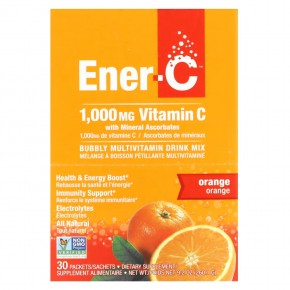 Ener-C, витамин C, смесь для приготовления мультивитаминного напитка со вкусом апельсина, 1000 мг, 30 пакетиков, по 0,3 г (8,67 унций) в каждом - описание