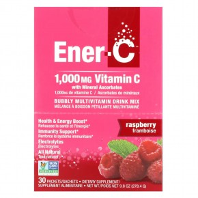 Ener-C, Витамин C, мультивитаминная смесь для приготовления напитков, малина, 1000 мг, 30 пакетиков по 9,28 г (0,3 унции) - описание