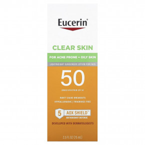 Eucerin, Clear Skin, легкий солнцезащитный лосьон для лица, SPF 50, без отдушек, 75 мл (2,5 жидк. унции) в Москве - eco-herb.ru | фото