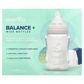 Evenflo Feeding, Balance+, флаконы, широкая, от 0 месяцев, медленное поток, 3 флакона по 270 мл (9 унций) - описание | фото