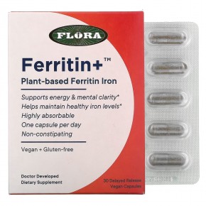 Flora, Ferritin+, ферритин (железо) на растительной основе, 30 веганских капсул с отсроченным высвобождением в Москве - eco-herb.ru | фото