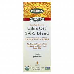 Flora, Organic Udo's Oil™, смесь 3, 6, 9, 500 мл (17 жидк. унций) - описание | фото