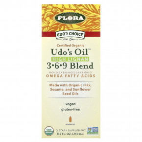 Flora, Udo's Choice, органическая смесь Udo's Oil 3, 6, 9, с высоким содержанием лигнана, 250 мл (8,5 жидк. унции) - описание | фото