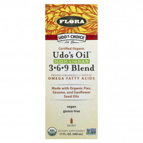 Flora, Udo's Choice, сертифицированная органическая смесь Udo's Oil с высоким содержанием лигнана 3, 6, 9, 500 мл (17 жидк. унций) - описание | фото