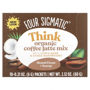 Four Sigmatic, Think, смесь для приготовления органического латте с ежовиком гребенчатым и грибом чага, 10 пакетиков по 6 г (0,21 унции) - описание