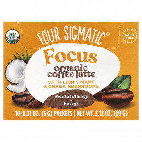 Four Sigmatic, Focus, органический кофе латте с ежовиком гребенчатым и грибами чага, 10 пакетиков по 6 г (0,21 унции) - описание | фото