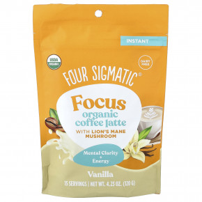 Four Sigmatic, Focus, органический растворимый кофе латте с ежовиком гребенчатым, ваниль, 120 г (4,23 унции) - описание