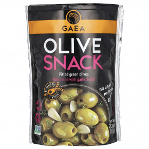 Gaea, Olive Snack, зеленые оливки без косточек, маринованные с чесноком и укропом, 65 г (2,3 унции) в Москве - eco-herb.ru | фото