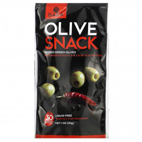 Gaea, Olive Snack, зеленые оливки без косточек, маринованные с чили и черным перцем, 30 г (1 унция) - описание | фото