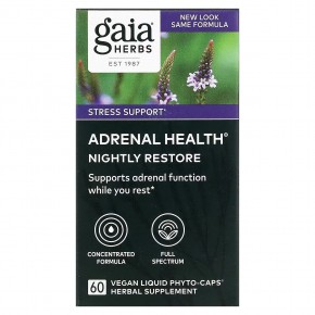 Gaia Herbs, Adrenal Health, ночное восстановление, 60 растительных капсул Phyto-Caps - описание