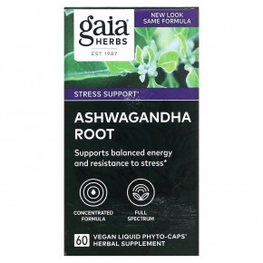 Gaia Herbs, Корень ашваганда, 60 веганских фито-капсул с жидкостью - описание
