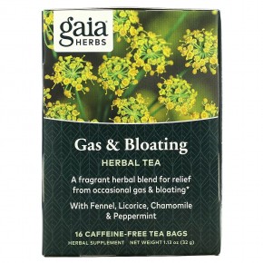Gaia Herbs, травяной чай для облегчения эпизодического газообразования и вздутия живота, без кофеина, 16 чайных пакетиков, 32 г (1,13 унции) в Москве - eco-herb.ru | фото