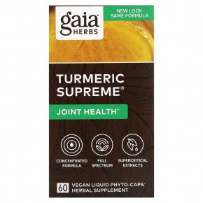 Gaia Herbs, Turmeric Supreme, для суставов, 60 веганских капсул с жидкостью Phyto-Caps - описание