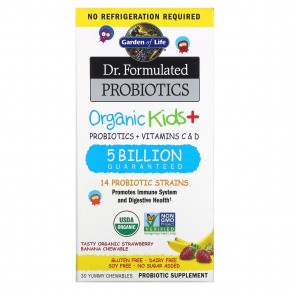 Garden of Life, Компания Dr. Formated Probiotics, органические жевательные таблетки для детей, вкусная органическая клубника и банан, 30 вкусных жевательных таблеток - описание