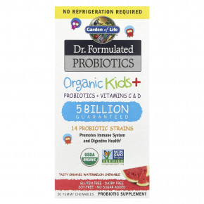 Garden of Life, Dr. Formulated Probiotics, органические жевательные таблетки для детей с пробиотиками и витаминами C и D, вкусный органический арбуз, 30 вкусных жевательных таблеток - описание | фото
