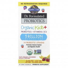 Garden of Life, Компания Dr. Formated Probiotics, органические жевательные таблетки для детей, вкусная органическая клубника и банан, 30 вкусных жевательных таблеток - описание | фото