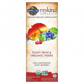 Garden of Life, MyKind Organics, железо из растительных соединений и органические травы, жидкая добавка со вкусом клюквы и лимона, 240 мл (8 жидк. унций) в Москве - eco-herb.ru | фото