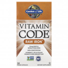 Garden of Life, Vitamin Code, необработанное железо, 30 веганских капсул - описание | фото