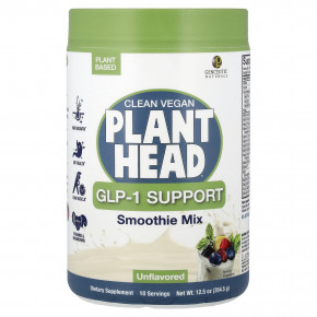 Genceutic Naturals, Clean Vegan Plant Head®, GLP-1 Support, смесь для смузи, без добавок, 354,5 г (12,5 унции) - описание | фото