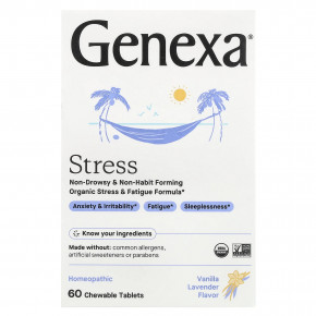 Genexa, Stress, органическая формула против стресса и усталости, ваниль и лаванда, 60 жевательных таблеток - описание | фото