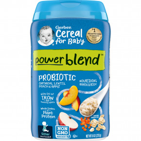 Gerber, Cereal for Baby, Power Blend, 2nd Foods, овсянка с пробиотиками, чечевица, персик и яблоко, 227 г (8 унций) - описание