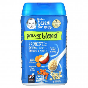 Gerber, Cereal for Baby, смесь Power Blend, от 8 месяцев, овсянка с пробиотиком, чечевица, морковь и яблоко, 227 г (8 унций) - описание