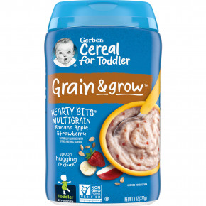 Gerber, Cereal for Toddler, Grain & Grow, Hearty Bits MultiGrain, от 12 месяцев, банан, яблоко и клубника, 227 г (8 унций) - описание | фото