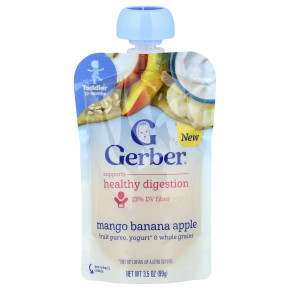 Gerber, Фруктовое пюре, йогурт и цельнозерновые, от 12 месяцев, манго, банан и яблоко, 99 г (3,5 унции) - описание