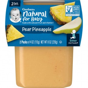 Gerber, Natural for Baby, 2nd Foods, груша и ананас, 2 пакетика по 113 г (4 унции) - описание